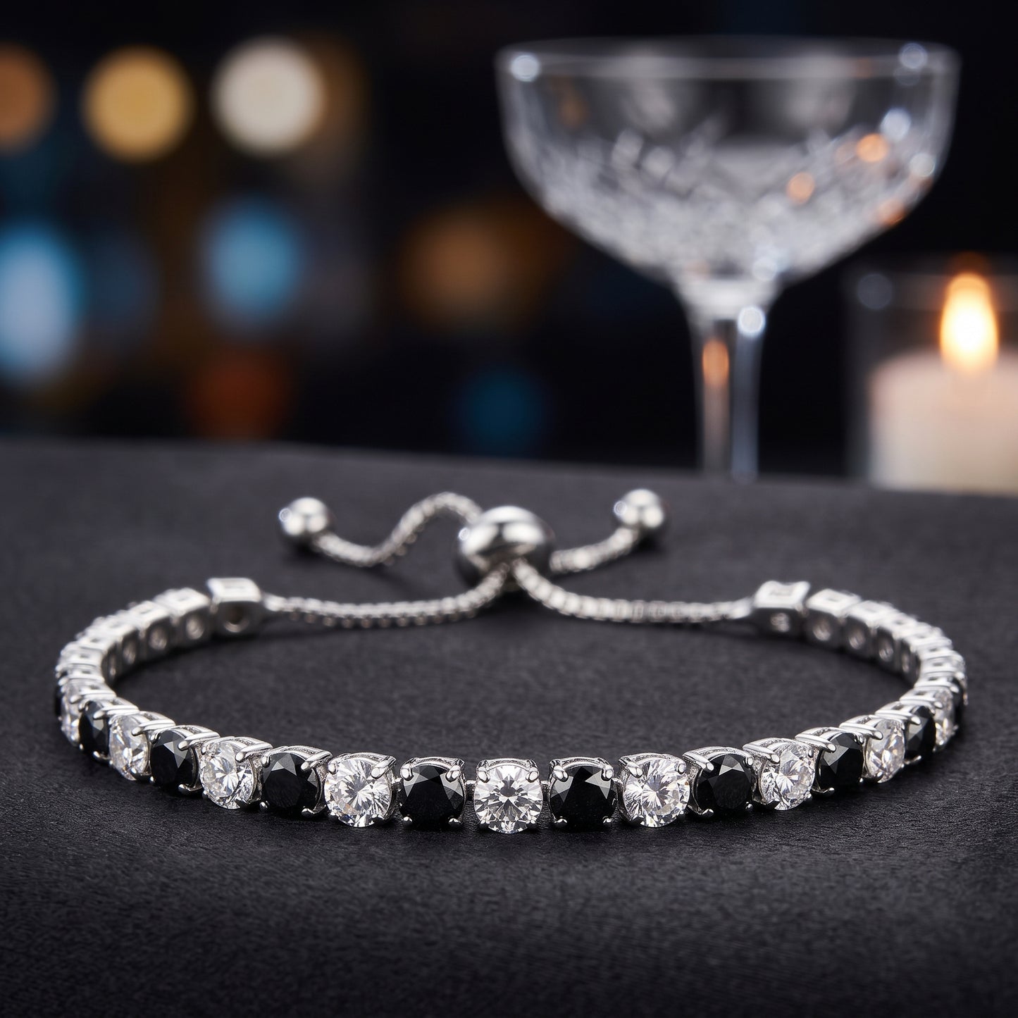 925 Sterling Silver Plated Tennis Bracelet with Black and White Cubic Zirconia - Silver
