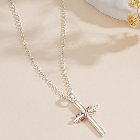 925 Sterling Silver Infinity Cross Necklace with Cubic Zirconia - Rose Gold