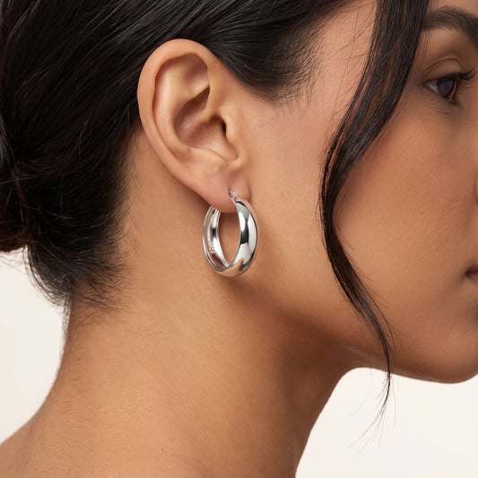 925 Sterling Silver Chunky Hoop Earrings - Silver 30mm