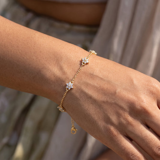 14K Gold Plated Double Layer CZ Flower Bracelet - Gold