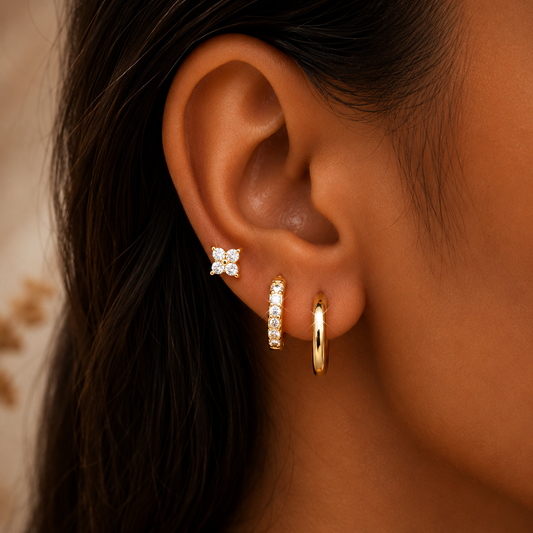 925 Sterling Silver Leaf CZ Stud and Hoop Earring Set of 3 Pairs - Gold