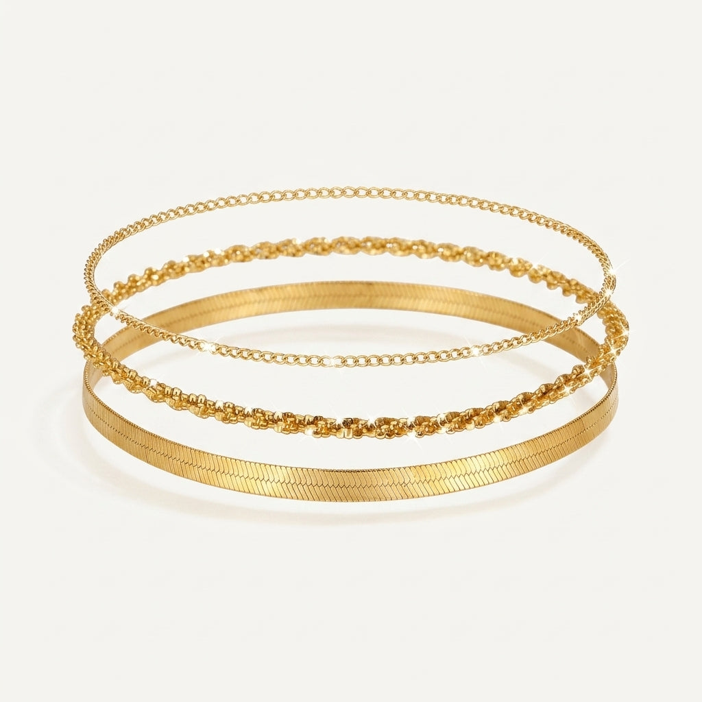 925 Sterling Silver Layered Anklet Set with Dot, Snake and Rope Chain