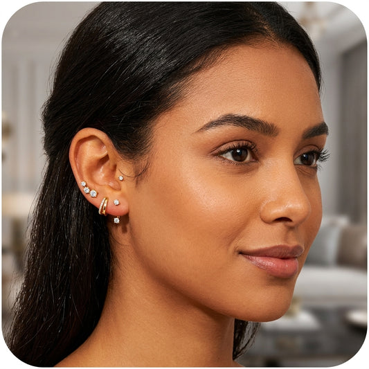 925 Sterling Silver Stud and Hoop Earring Set with Cubic Zirconia - 3 Pairs Gold
