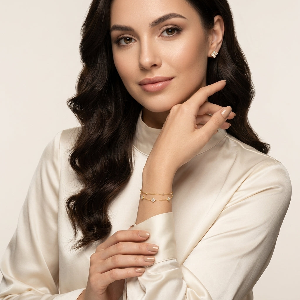 14K Gold Plated Double Layer Round Cubic Zirconia Bracelet - Gold