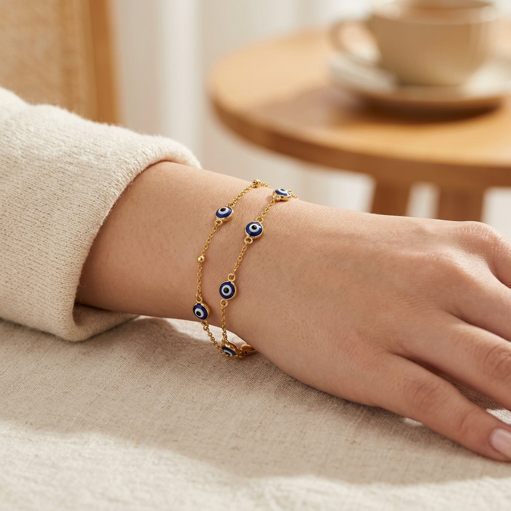 14K Gold Plated Double Layer Evil Eye Bracelet - Gold