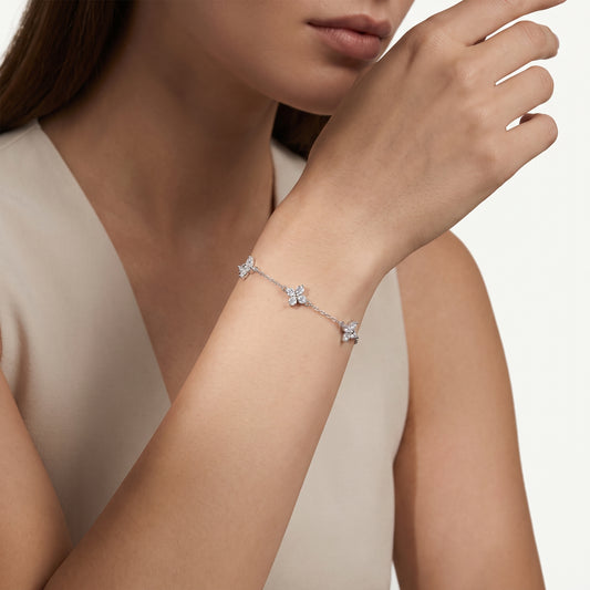 925 Sterling Silver Clover Charm Bracelet with Cubic Zirconia - Silver