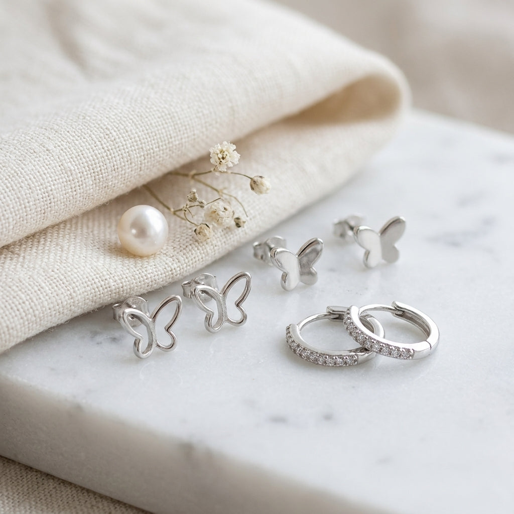 925 Sterling Silver Butterfly Stud and Hoop Earring Set - 3 Pairs Silver