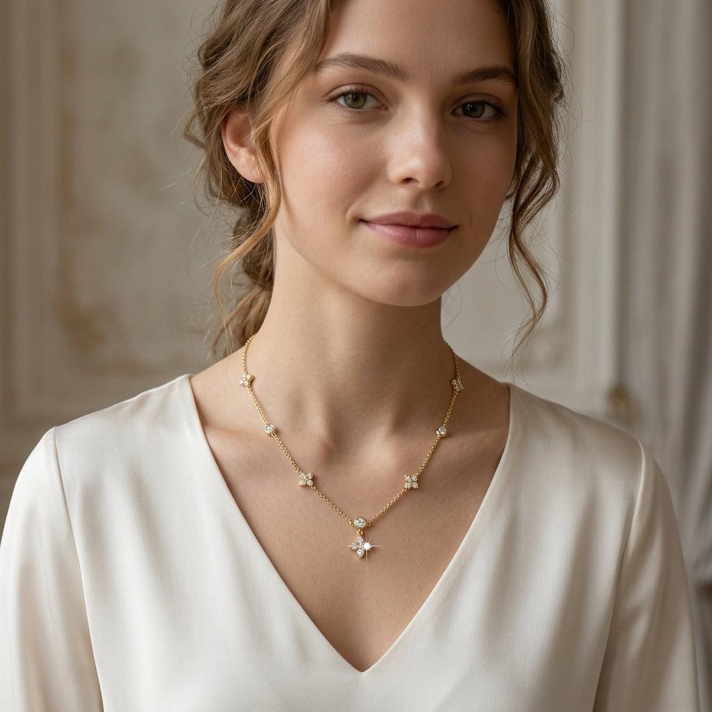 14K Gold Plated Four Leaf Clover and Heart Necklace with 5A Cubic Zirconia - Gold