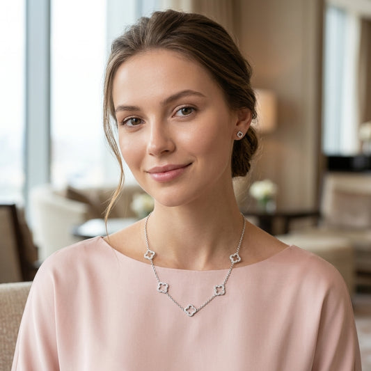 Silver Plated Multi Clover Necklace with Zircondia Crystals