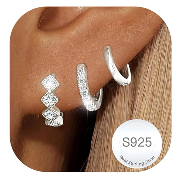 925 Sterling Silver Square CZ Huggie Hoop Earrings Set of 3 Pairs - Silver