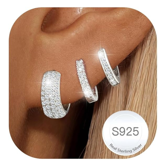 925 Sterling Silver Chunky CZ Huggie Hoop Earrings Set of 3 Pairs - Silver