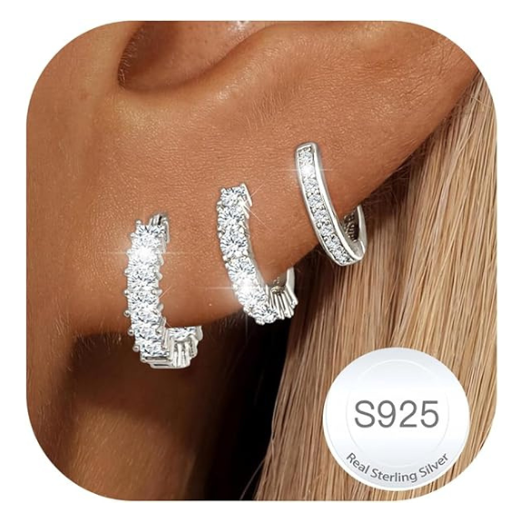 925 Sterling Silver CZ Huggie Hoop Earrings Set of 3 Pairs - Silver