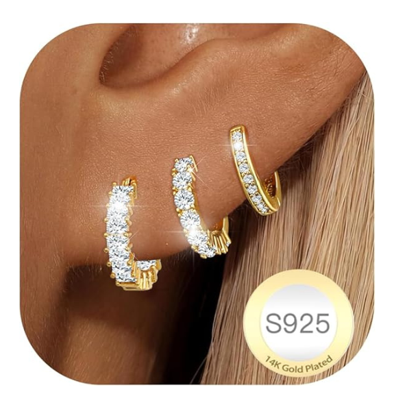 14K Gold Plated AAAA CZ Huggie Hoop Earrings Set of 3 Pairs - Gold