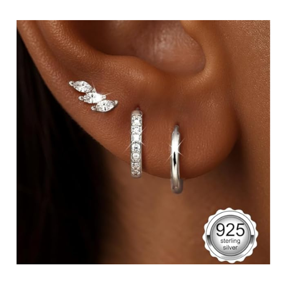 925 Sterling Silver Maple Leaf CZ Stud and Hoop Earring Set of 3 Pairs - Gold