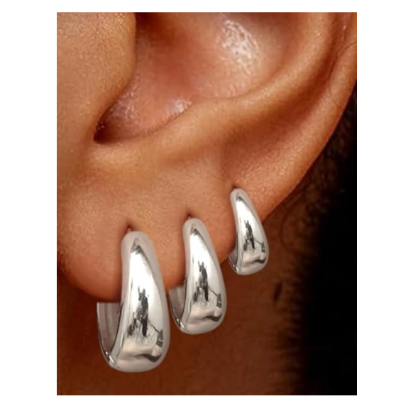 14K Silver Plated Huggie Hoop Earrings Set of 3 Pairs - Silver
