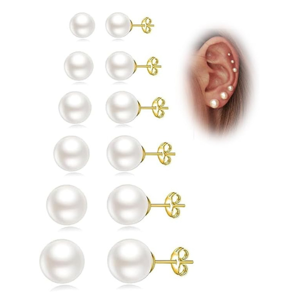 14K Gold Plated Pearl Stud Earrings Set of 6 Pairs - Gold