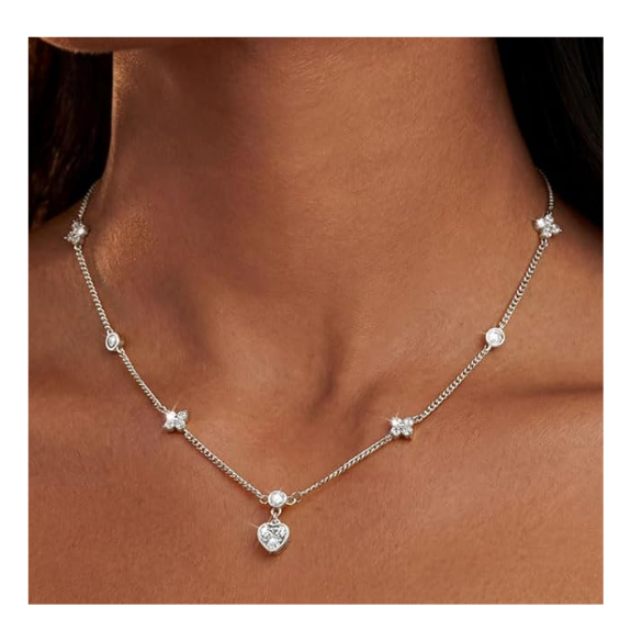 Silver Plated Heart and Four Leaf Clover Necklace with 5A Cubic Zirconia - Silver