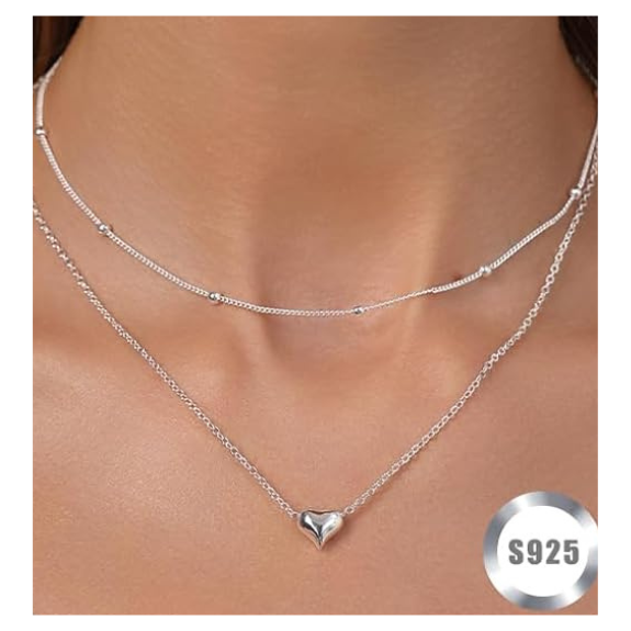 925 Sterling Silver Double Layer Heart Pendant Necklace - Silver