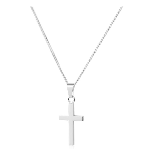 925 Sterling Silver White Gold Plated Curb Chain Cross Necklace - Silver