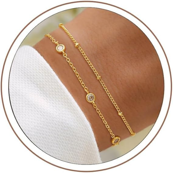 14K Gold Plated Double Layer Round Cubic Zirconia Bracelet - Gold