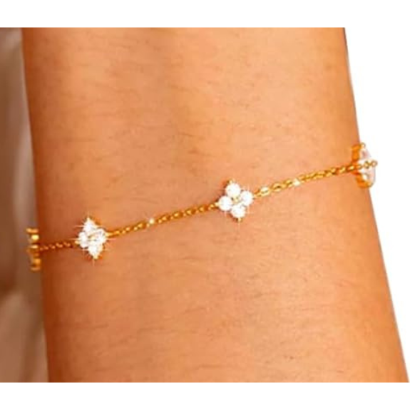 925 Sterling Silver Clover Charm Bracelet with Cubic Zirconia - Gold