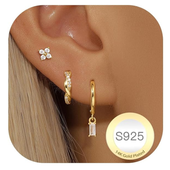 925 Sterling Silver Flower CZ Stud and Hoop Earring Set - 3 Pairs Gold