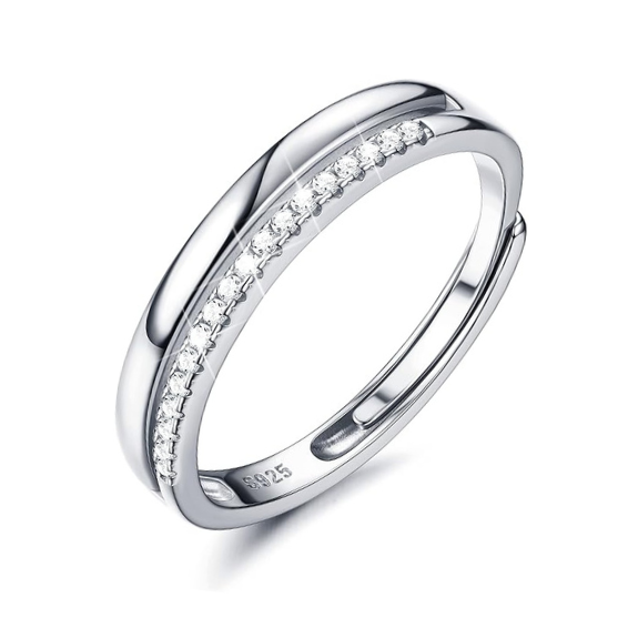 925 Sterling Silver Adjustable Double Layer Band Ring with Cubic Zirconia - Silver
