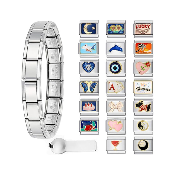 Italian Charm Bracelet Set with 20 Charms - Silver