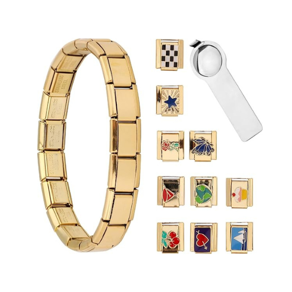 Italian Charm Bracelet with 10 Charms and Opening Tool - Gold
