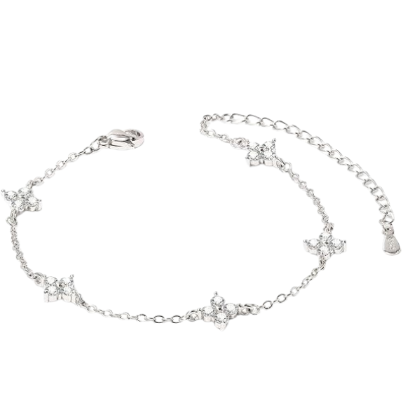 925 Sterling Silver Clover Charm Bracelet with Cubic Zirconia - Silver