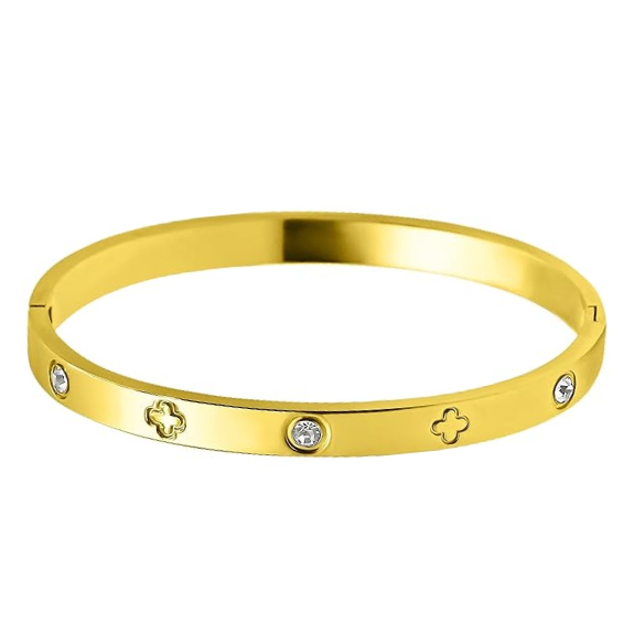 18K Gold Plated Stainless Steel Engraved CZ Bangle Bracelet - Gold
