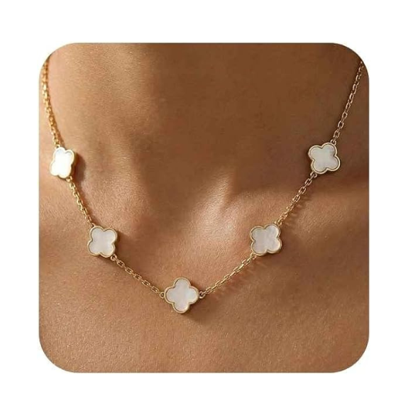 Five Motif Four Leaf Clover Necklace - Gold