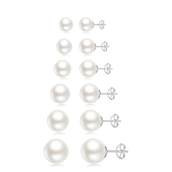 925 Sterling Silver Pearl Stud Earrings Set of 6 Pairs