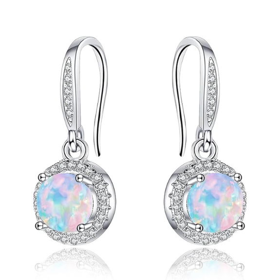 925 Sterling Silver Round Drop Earrings with Opal - Silver