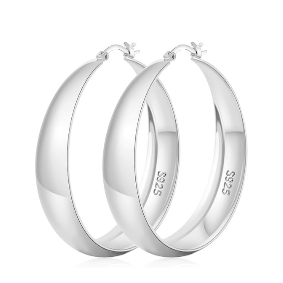 925 Sterling Silver Chunky Hoop Earrings - Silver 50mm