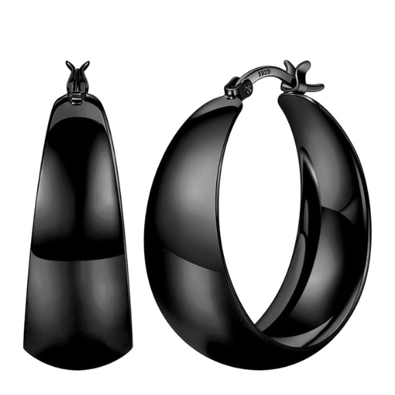 925 Sterling Silver Chunky Hoop Earrings Black - 30mm