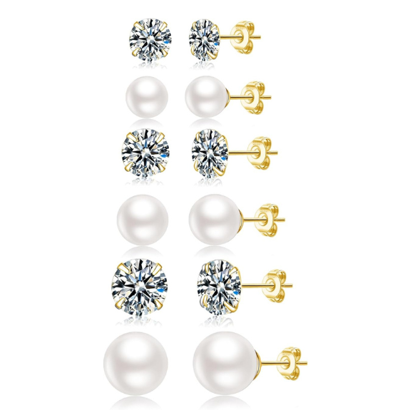 14K Gold Plated Pearl and CZ Stud Earrings Set of 6 Pairs - Gold