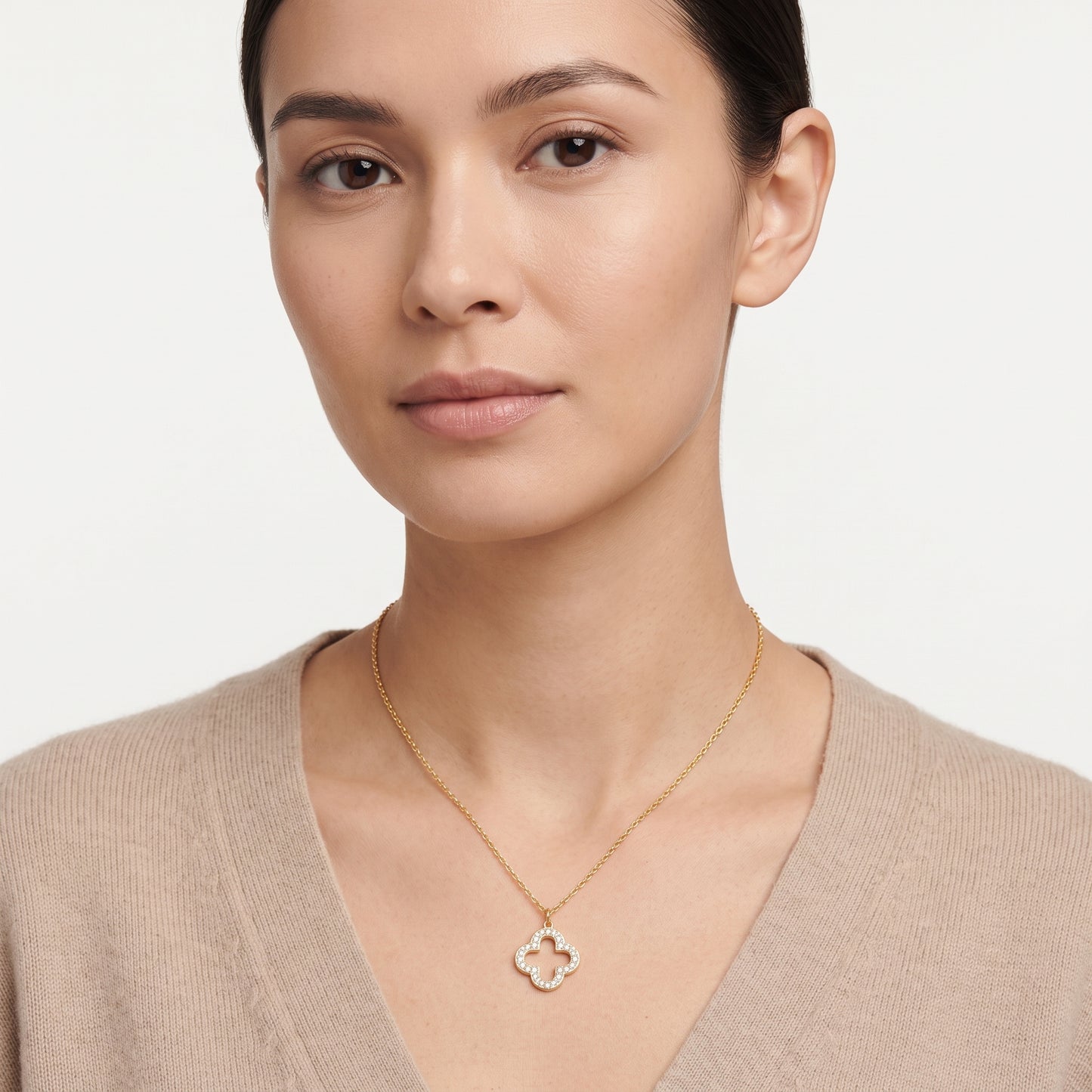 Gold Plated Clover Pendant Necklace with Zircondia Crystals
