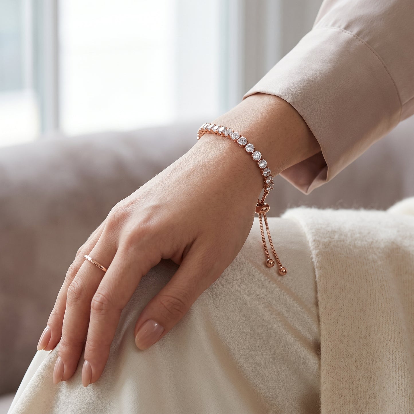 925 Sterling Silver Plated Tennis Bracelet with White Cubic Zirconia - Rose Gold