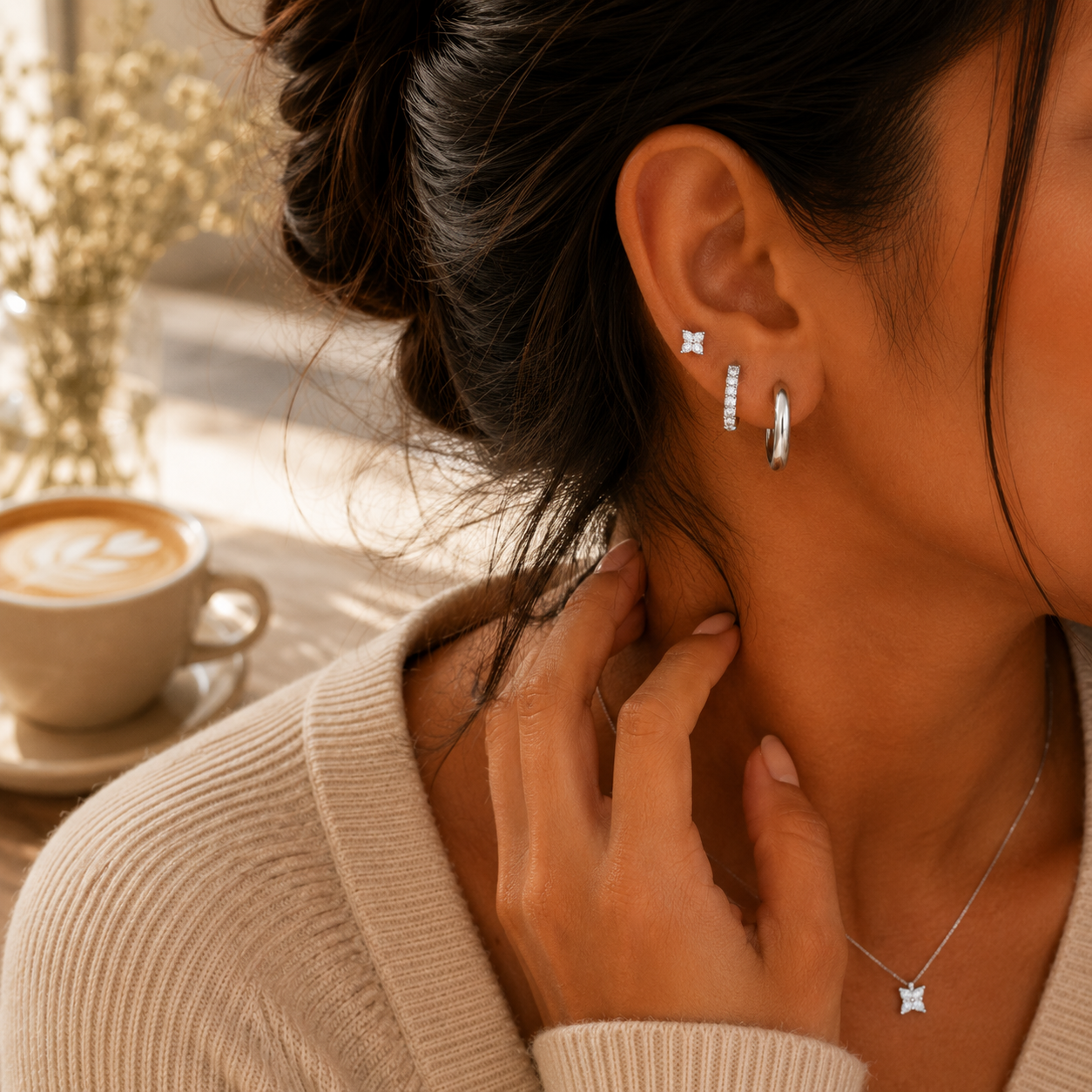 925 Sterling Silver Leaf CZ Stud and Hoop Earring Set of 3 Pairs - Silver