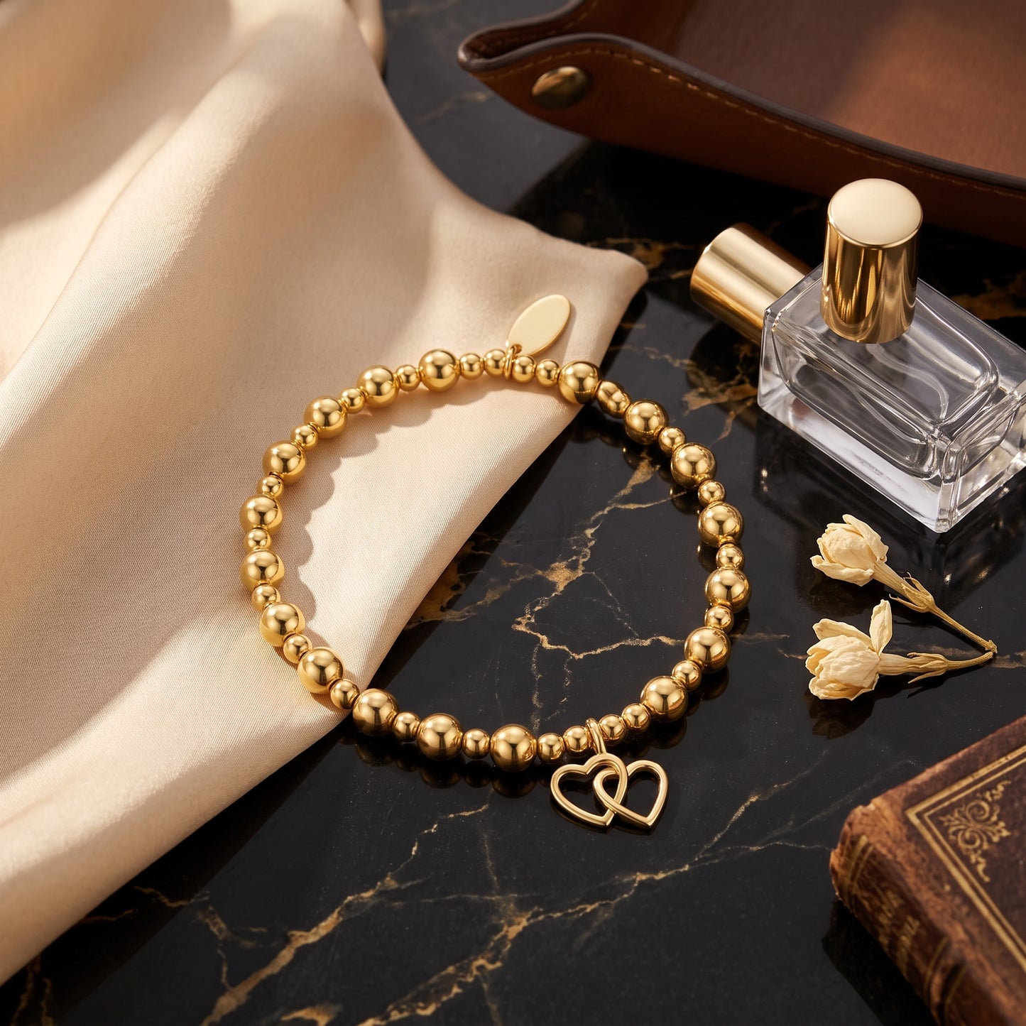 18K Gold Plated Heart Link Beaded Stretch Bracelet