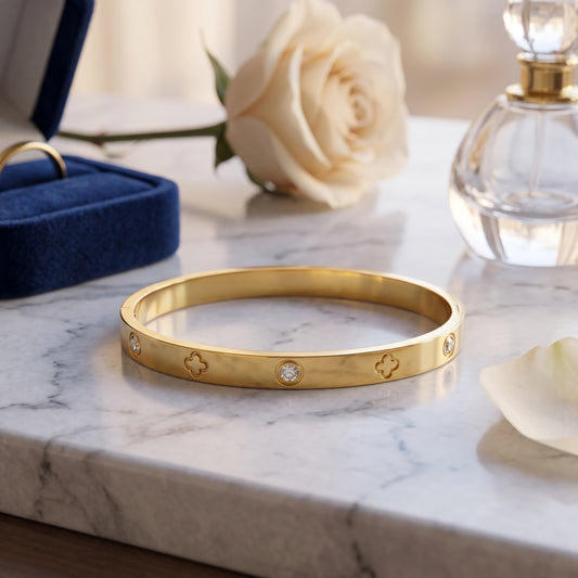 18K Gold Plated Stainless Steel Engraved CZ Bangle Bracelet - Gold