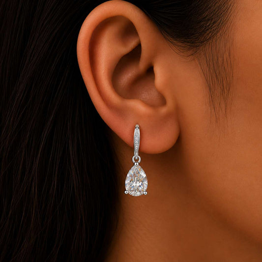 925 Sterling Silver Oval Drop Earrings with AAAAA Cubic Zirconia - Silver