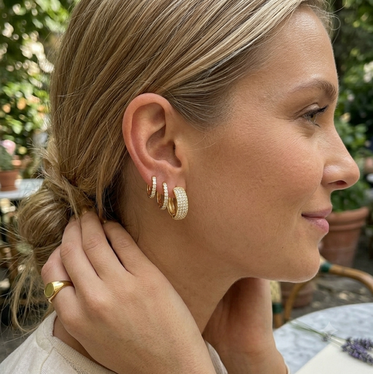 14K Gold Plated Chunky CZ Huggie Hoop Earrings Set of 3 Pairs - Gold