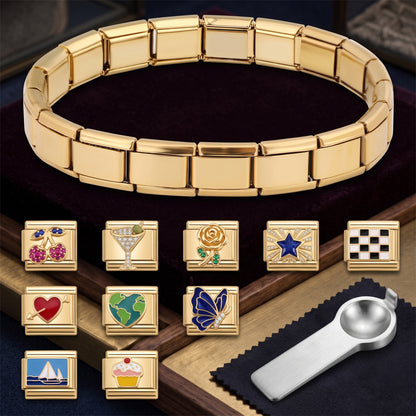 Italian Charm Bracelet with 10 Charms and Opening Tool - Gold