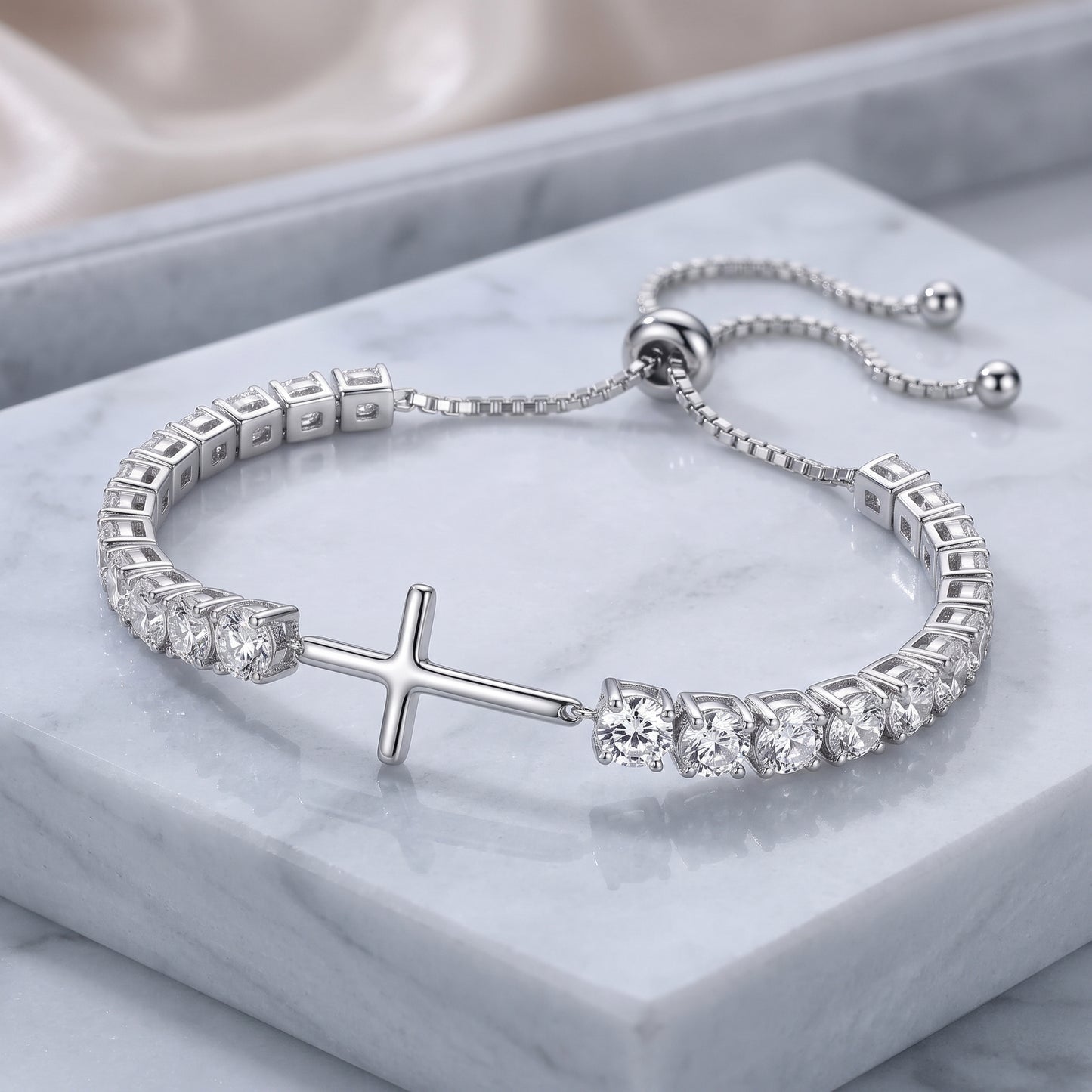 925 Sterling Silver Plated Cross Tennis Bracelet with White Cubic Zirconia - Silver