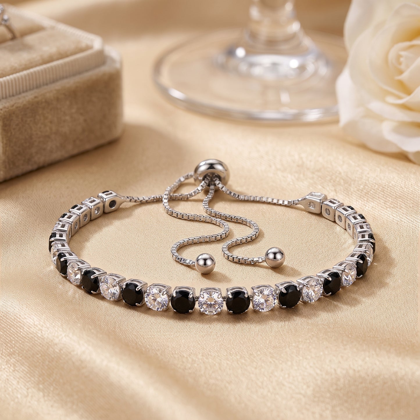 925 Sterling Silver Plated Tennis Bracelet with Black and White Cubic Zirconia - Silver
