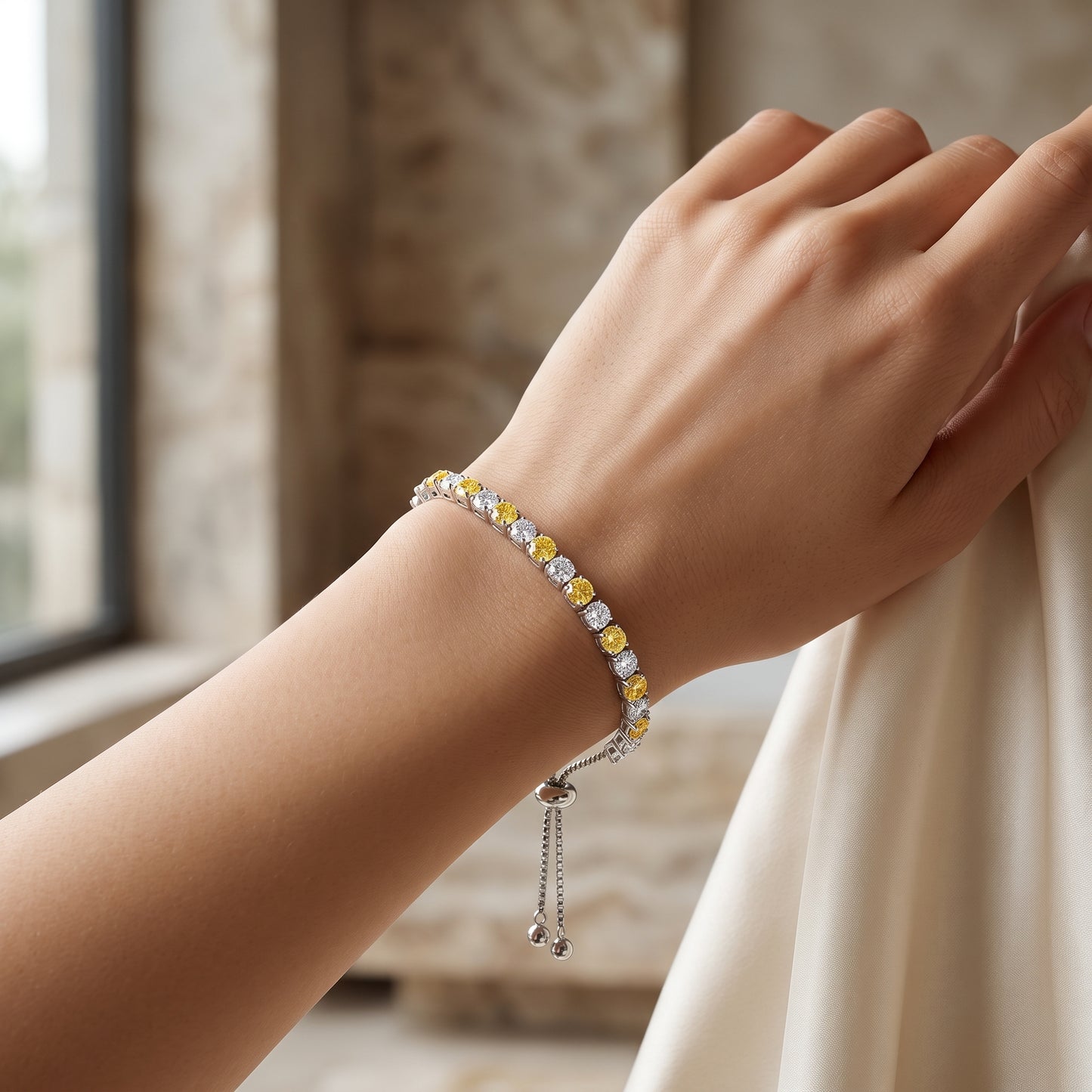 925 Sterling Silver Plated Tennis Bracelet with Yellow and White Cubic Zirconia - Silver