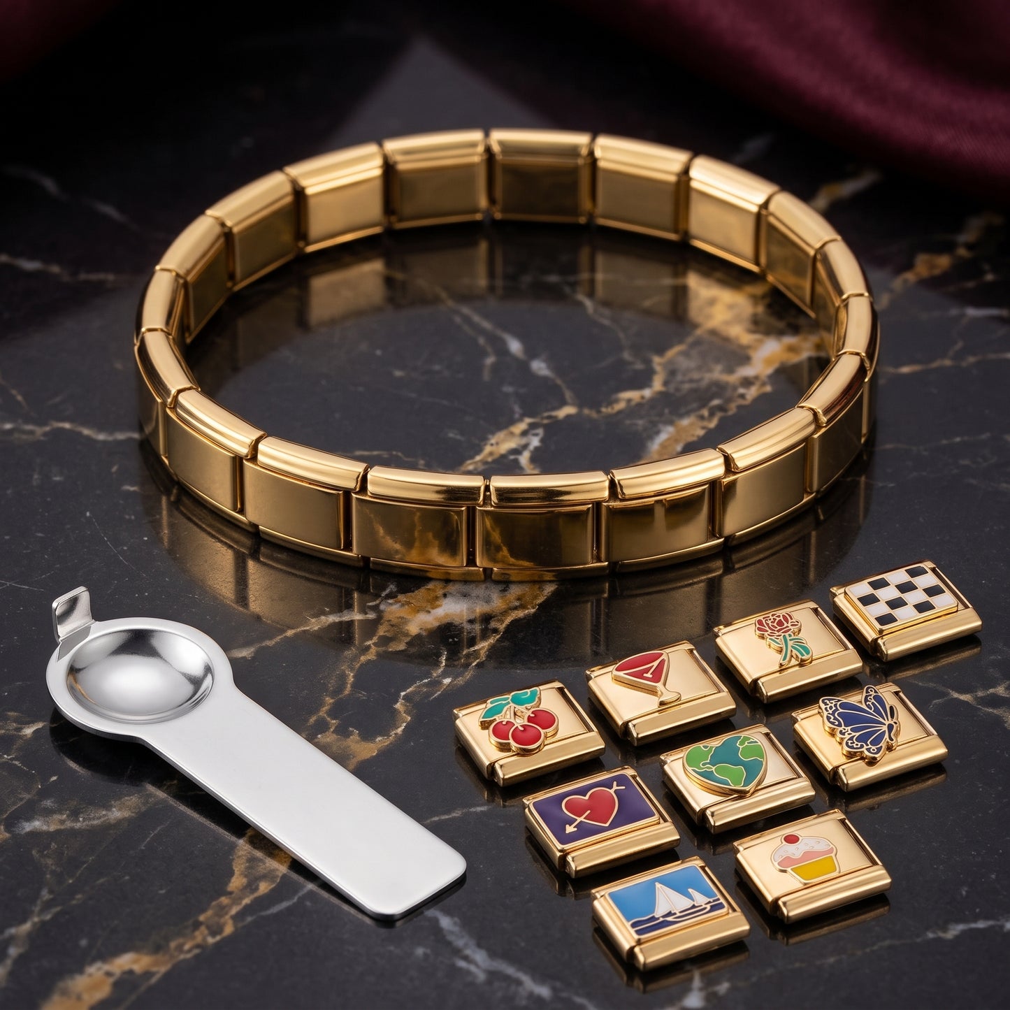 Italian Charm Bracelet with 10 Charms and Opening Tool - Gold