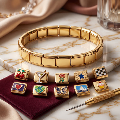 Italian Charm Bracelet with 10 Charms and Opening Tool - Gold